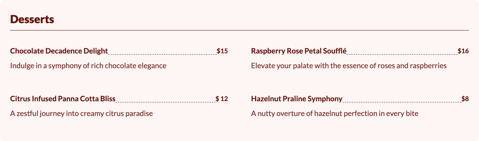 Dessert menu on pink background with red text